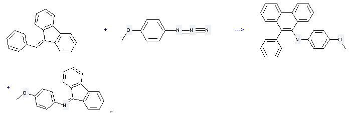 The N-(4-methoxyphenyl)fluoren-9-imine and (4-methoxy-phenyl)-(10-phenyl-phenanthren-9-yl)-amine could be obtained by the reactants of 1-azido-4-methoxy-benzene and 9-benzylidene-fluorene. 